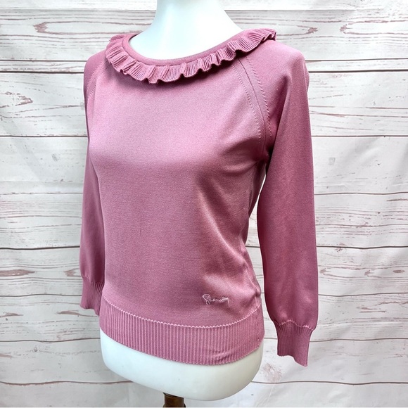 Vintage Mid Century Mod Givenchy Sport Dusty Mauve Fine Knit Ruffle Neck Sweater - Picture 3 of 11